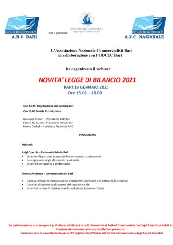 NOVITA’ LEGGE DI BILANCIO 2021 - webinar del 18 gennaio 2021